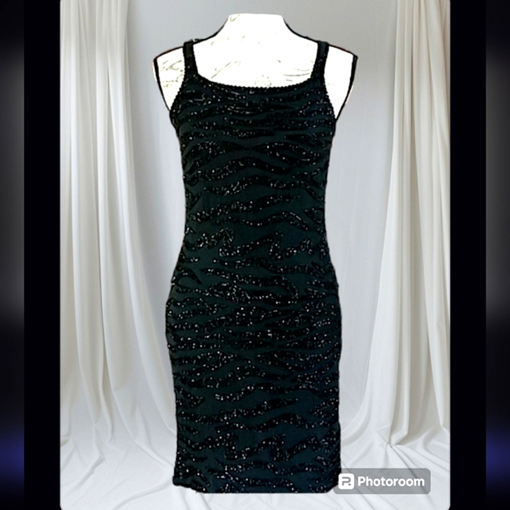 Black Beaded Silk Sexy Fitted Dress 2 piece
